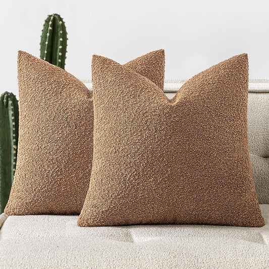 Woaboy Pack of 2 18x18 Inch Decorative Boucle Throw Pillow Covers Textured Square Pillowcaes Accent Solid Cozy Soft Cushion Covers Home Decor for Sofa Couch Living Room Home Decor,Brown