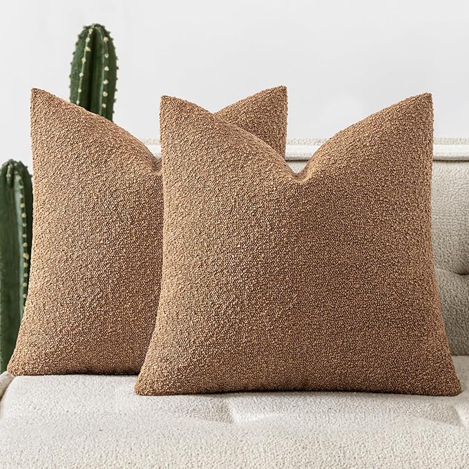 Woaboy Pack of 2 24x24 Inch Decorative Boucle Throw Pillow Covers Textured Square Pillowcaes Accent Euro Solid Cozy Soft Cushion Covers Home Decor for Sofa Couch Living Room Home Decor,Brown