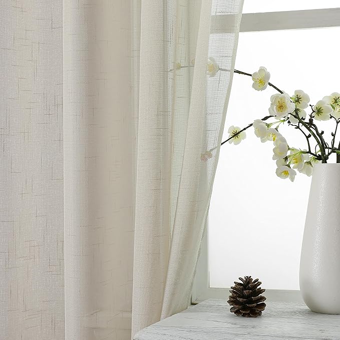Aiyufeng Kirei Farmhouse Sheer Curtains Flax Textured for Living Room, Semi Sheer Vertical Drapes Privacy with Light Filter for Home Office/Farm House, W40 x L84, Linen, 1 Pair