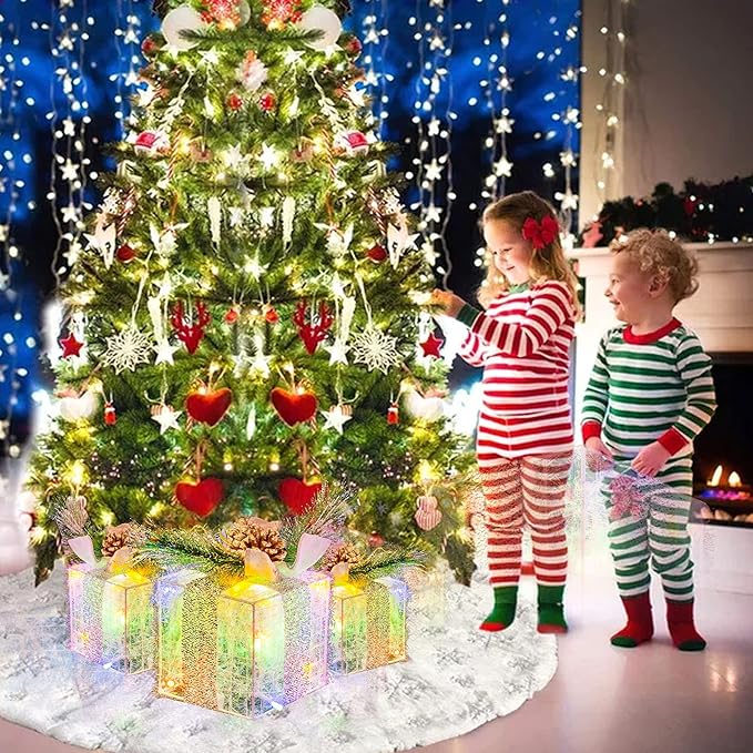Hourleey Set of 3 Christmas Lighted Gift Boxes, Pre-lit 60 LED Light Up Present Boxes Ornament Outdoor Multi Color Tinsel Boxes Decoration for Indoor Christmas Home Yard Lawn Decor