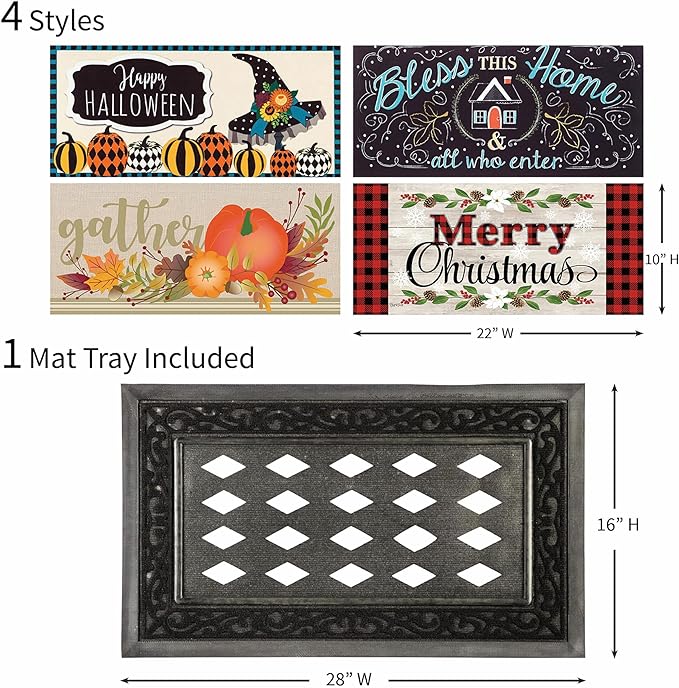 Evergreen Sassafras Fall Christmas Holiday Doormat Insert Bundle & Tray Set of 5, Interchangeable Entrance Door mats Indoor and Outdoor Welcome Mat 30 x 18 Tray Non Slip Backing Low Profile