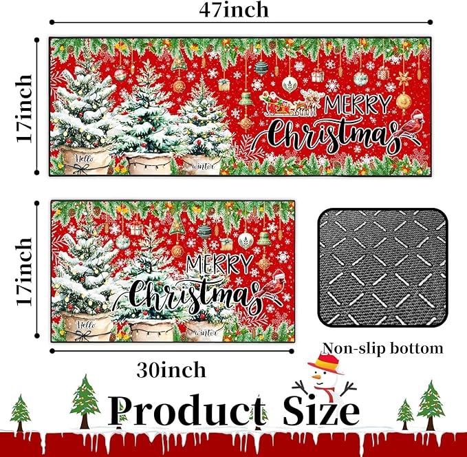 ACZHHZC Merry Christmas Kitchen Rugs and Mats Set of 2, Winter Snowflake Xmas Tree Holiday Home Kitchen Decor Floor Mats, Washable Non-Slip Sink Carpet (Christmas 1, 17"x47"+17"x30")