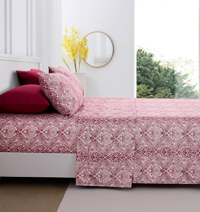 Full Size Bed Sheets Set Deep Pockets - 6PC Paisley Ultra Soft Microfiber Bed Sheets Set - Easy to Clean, 90 Thread Count Sheets with Fitted Sheet, Flat Sheet & Pillowcases (Burgundy)