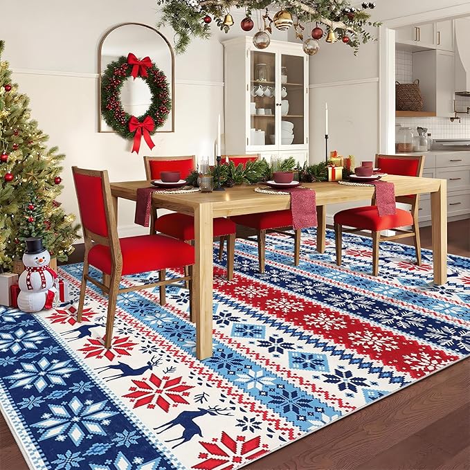 5x7 Christmas Area Rug Living Room Bedroom Large Xmas Decor Area Rug Indoor Washable Non-Slip Throw Floor Covers Boho Accent Rug Farmhouse Rug Festival Xmas Carpet for Dining Room, Blue