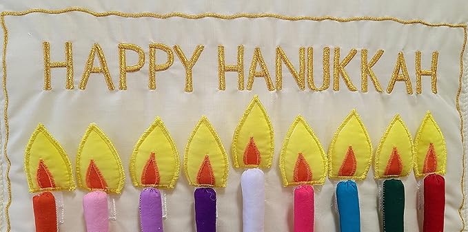 Jewish Happy Hanukkah Menorah Wall Hanging by Pockets of Learning | Festive Hebrew Holiday Décor, Judaica Fabric Advent Calendar | Chanukah Cloth Countdown with Candles and Pouch (Ivory Cream)