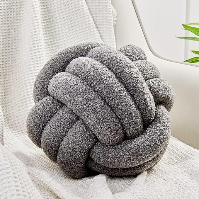 Uvvyui Knot Pillow Ball, Soft Home Decorative Pillows, Round Throw Pillow, Handmade Knotted Plush Pillow, Round Boucle Pillow Cushion (8.6 Inches Dark Gray)