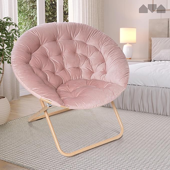 Milliard Cozy Chair/Velour Saucer Accent Chair for Bedroom/X-Large (Pink/Wood-Tone)