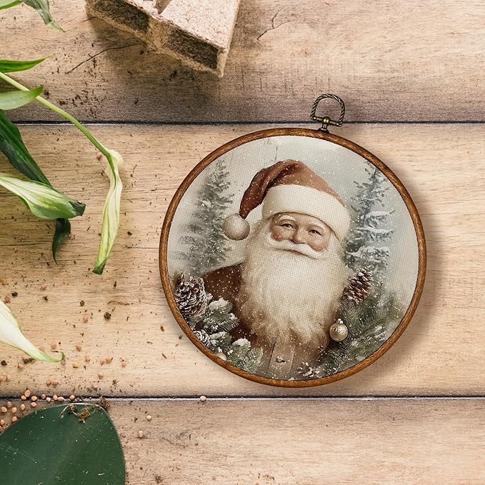 KSDUT Vintage Santa Claus Wall Decor Art - Retro Christmas Wall Art Canvas Frame Hanging Prints, Merry Christmas Xmas Holiday Round Wall Art Decor for Home Farmhouse Decorations 10"x10"