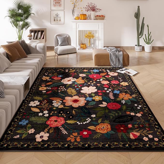 Rugcomf Area Rugs 9x12 Living Room Clearance Washable Boho Rug Non Slip Floral Vintage Low Pile Large Rug for Living Room, Bedroom, Farmhouse, Dining Room, Kids Playroom(Black)