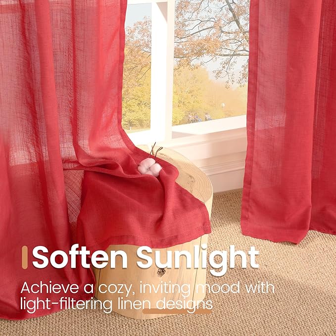 BGment Long Linen Semi Sheer Curtains 102 Inch Length for Living Room, Red Lightweight Window Drapes for Bedroom Christmas Decor with Rod Pocket Rustic Textured, 2 Panels Set, Each 52 Inch Wide