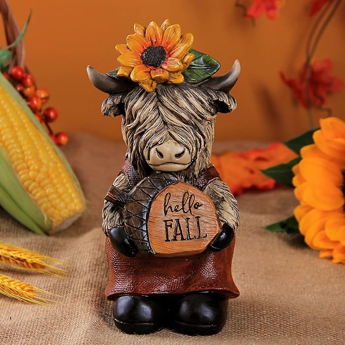 Highland Cow Statue for Thanksgiving Decor, Fall Harvest Indoor Home Table Decorations Highland Cow Figurine with Sunflower on Head and Holding Acorn Pinecone, Gift for Fall Thanksgiving Holiday