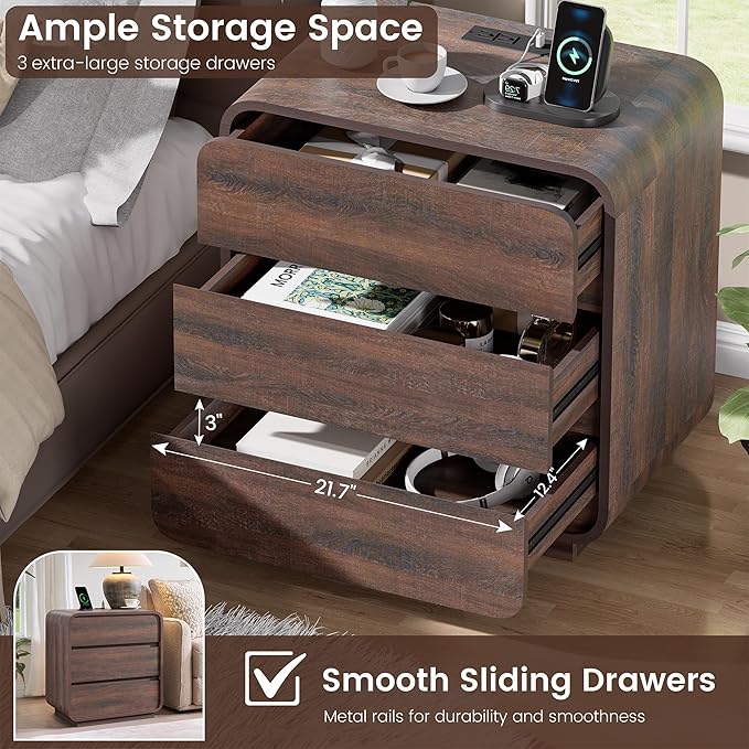 Modern Nightstand Set of 2, 23.2" Wide Wood Bedside Table with Charging Station, 3 Storage Drawers Side Table Curved Profile, Handleless, Large End Table Night Stand for Bedroom, Walnut 