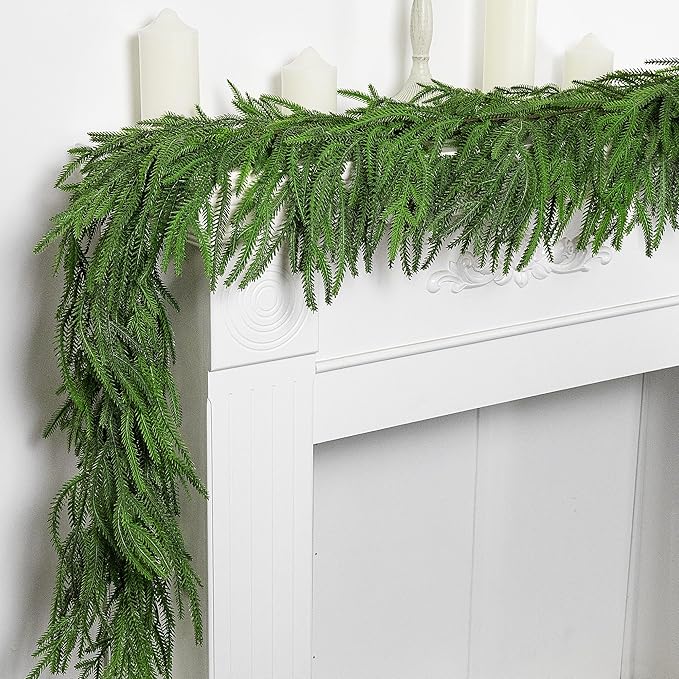 6 Ft Christmas Norfolk Pine Garland, Dense Norfolk Pine Realistic Touch Garland, Artificial Pine Greenery Garlands for Christmas Holiday Mantle Fireplace Table Home Decor