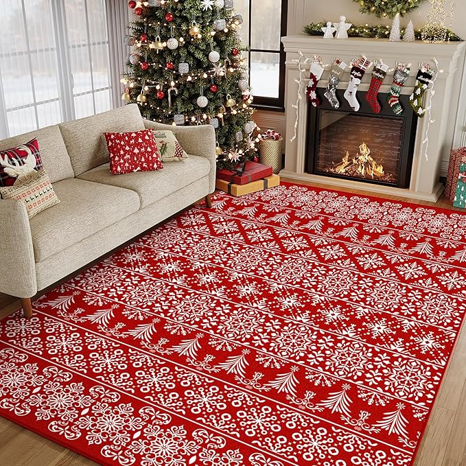 8x10 Area Rug Red Christmas Living Room Carpet Xmas Holiday Decor Bedroom Carpet Snowflake Washable Non Slip Indoor Large Decorative Throw Rug for Dining Room Nursery