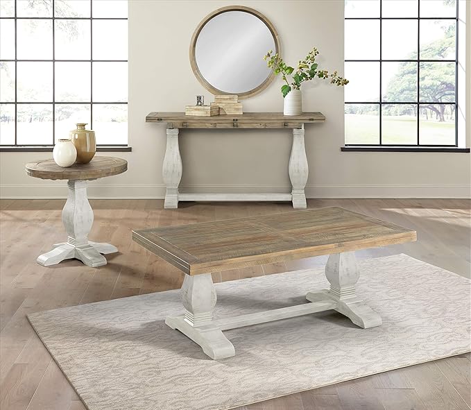 Napa Solid Wood Farmhouse Rustic Reclaimed Natural and White Stain Round End Side Accent Living Room Table, Nightstand Bedside 26" W x 26" D x 25" H