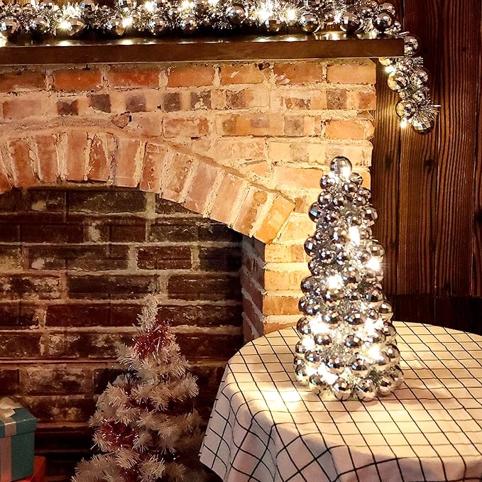 Amooca 16in Christmas Ball Tree with LED Lights Table Centerpiece Fireplace Decor Indoor Holiday Party Home Decoration Silver