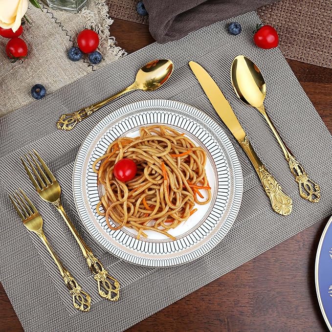 Silverware Set, 30 Pieces Retro Royal Silverware Set for 6, Anti-rust Stainless Steel Flatware Set Including Fork Spoon and Knife, Dishwasher Safe, Gold