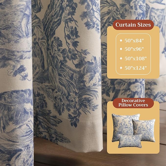 Maison d' Hermine Curtains for Living Room 100% Cotton 108 inch Length One Panel Light Filtering Toile Curtains for Bedroom Windows with Rod and Loop Pockets Drapes (The Miller Blue, 50" W x 108" L)