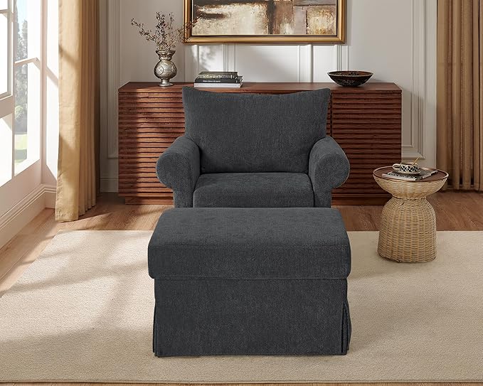 Modern Living Room Chairs with Ottoman, Comfy Chenille Reading Armchair with Rolled Arms and Cushion Backrest, 35.8" W Oversized Chaise Lounge Chair for Bedroom, Study, Apartment, Grey