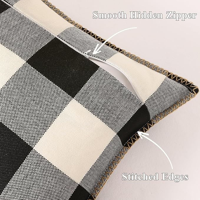 decorUhome Christmas Buffalo Plaid Check Throw Pillow Covers 16x16 Set of 2, Outdoor Linen Decorative Farmhouse Gingham Pillow Covers with Stitched Edge for Bed Couch Sofa, Black and White