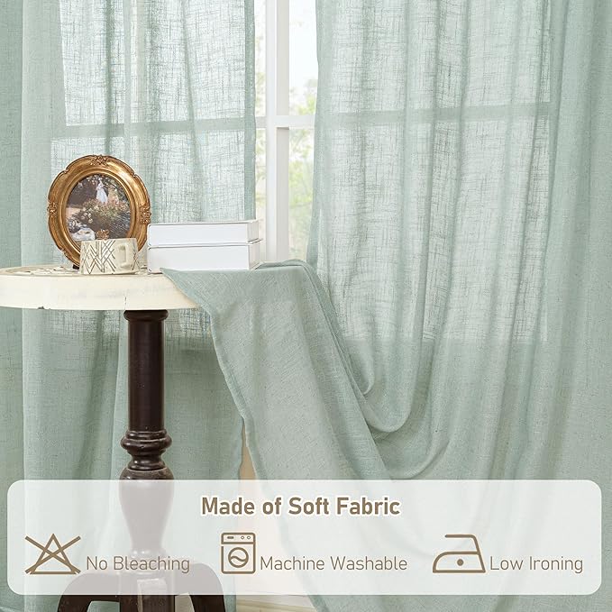 LAMIT 102 Inch Length Light Filtering Sheer Linen Curtains, Linen Textured Semi Sheer Back Tab and Rod Pocket Natural Boho Drapes for Living Room/Farmhouse, 2 Panels, Light Sage, 52 x 102 Inch