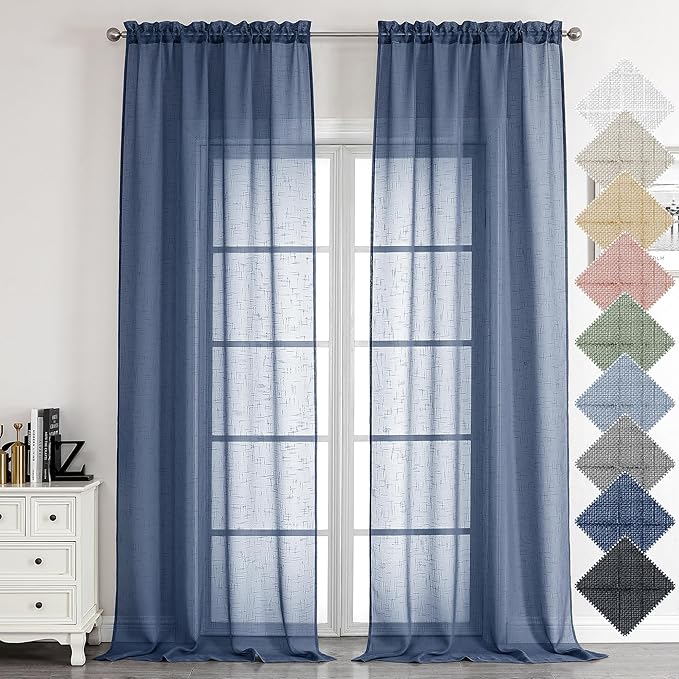 Aiyufeng Navy Blue Long Sheer Curtains - Slub Texture Semi Sheer Window Covering, Light & Airy Privacy Sheer Panels for Bedroom Living Room Patio Glass Door, 40 inch Width x 96 inch Length, Set of 2