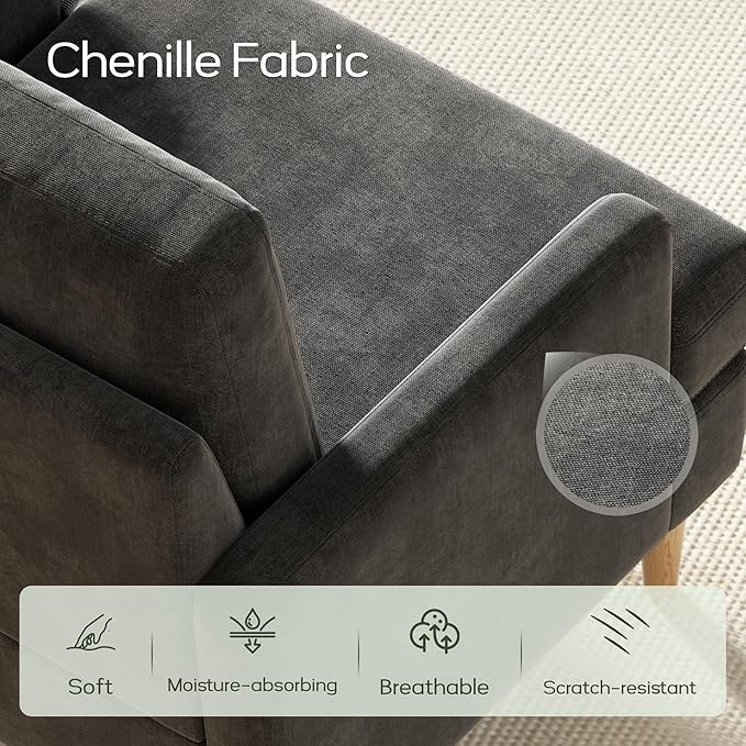 VKNOW Mid-Century Accent Chairs Set of 2, Modern Upholstered Chenille Armchair for Living Room,Comfy Reading Accent Chairs with Wood Legs for Bedroom, Dark Grey