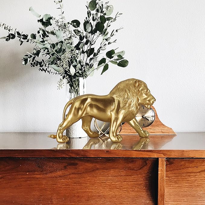 12" Decoration Collectible Gold Lion Statue, Desk Decor, Room Decor, Home Decor, Modern Art Sculpture, Handmade Resin Animal Statue, Gift for Women,Brother,Friend
