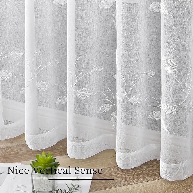 Tollpiz White Leaf Sheer Curtain Leaves Embroidered Bedroom Curtains Rod Pocket Voile Window Treatment for Living Room, 54 x 95 inches Long, Set of 2 Panels