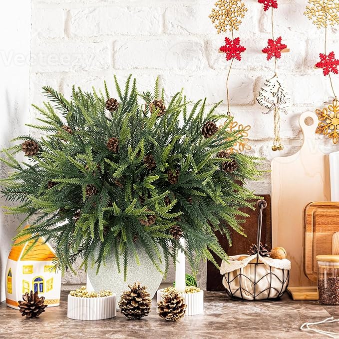 N&T NIETING 24in Christmas Norfolk Pine Stems Real Touch Artificial Norfolk Pine Branches with Pine Cones Stems Faux DIY Greenery Pine Picks for Xmas Indoor Outdoor Home Décor(18 Pcs)