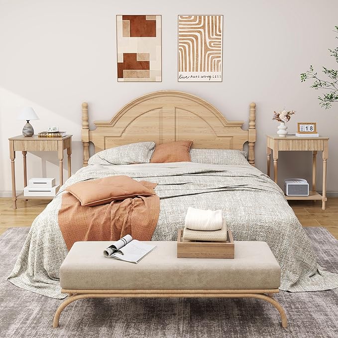 23.6” Large End Table with Charging Station, Modern Farmhouse Side Table Sofa Tables with Fluted Drawer, Wooden Bedside Table Night Stand for Bedroom Living Room Home Office, Natural