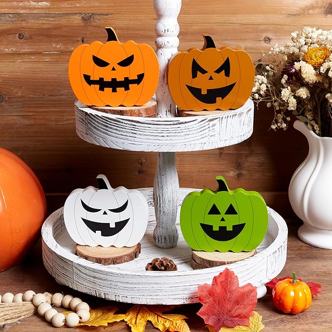 QINJIEJIE Fall Pumpkin Decor, Autumn Decorations for Home Halloween Decor Indoor, 4 Pcs Double-sided Pumpkin Wooden Sign, Thanksgiving Decorations for Indoor Home Office Table Tiered Tray Mantel
