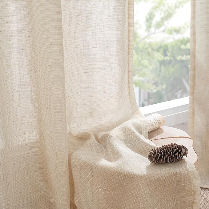 BGment Natural Linen Curtains 96 Inches Long for Living Room - Burlap Semi Sheer Window Drapes with Rod Pocket Light Filtering for Farmhouse Bedroom Lightweight, 2 Panels, 52 Inch Wide Each Panel
