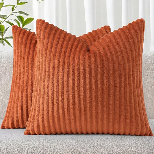 Simmore Decorative Fall Throw Pillow Covers 18x18 Set of 2, Soft Natural Plush Flannel Double-Sided Fluffy Couch Pillow Covers for Sofa Living Room, Rust