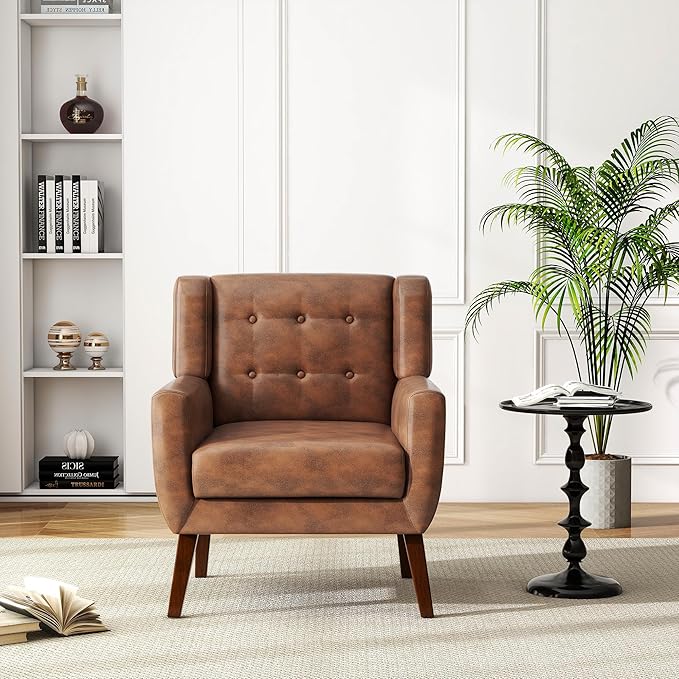 UIXE PU Leather Accent Chairs Set of 2, Modern Arm Club Chair Upholstered Armchair for Living Room, Comfy Single Sofa Seats Button Tufted Reading Seating, Coffee