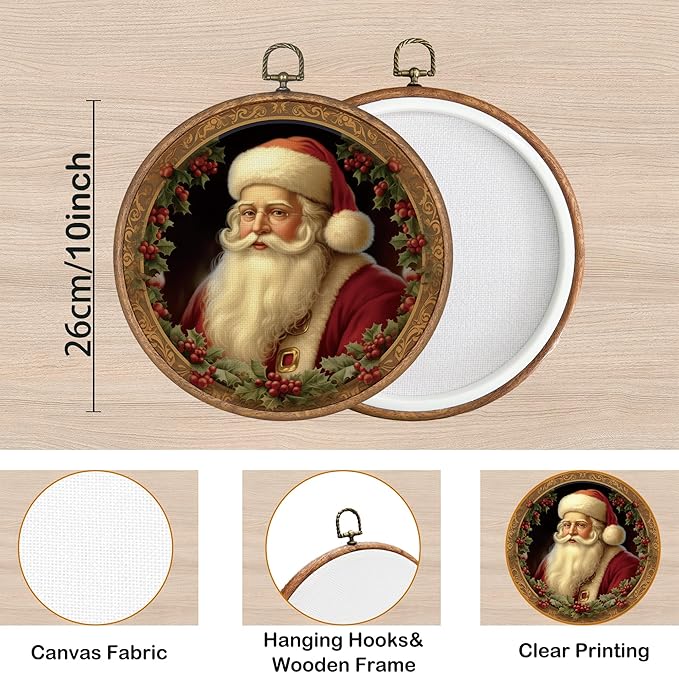 KSDUT Vintage Christmas Wall Decor Art - Retro Santa Claus Wall Art Canvas Frame Hanging Prints, Merry Christmas Xmas Holiday Round Wall Art Decor for Farmhouse Home Decorations 10"x10"