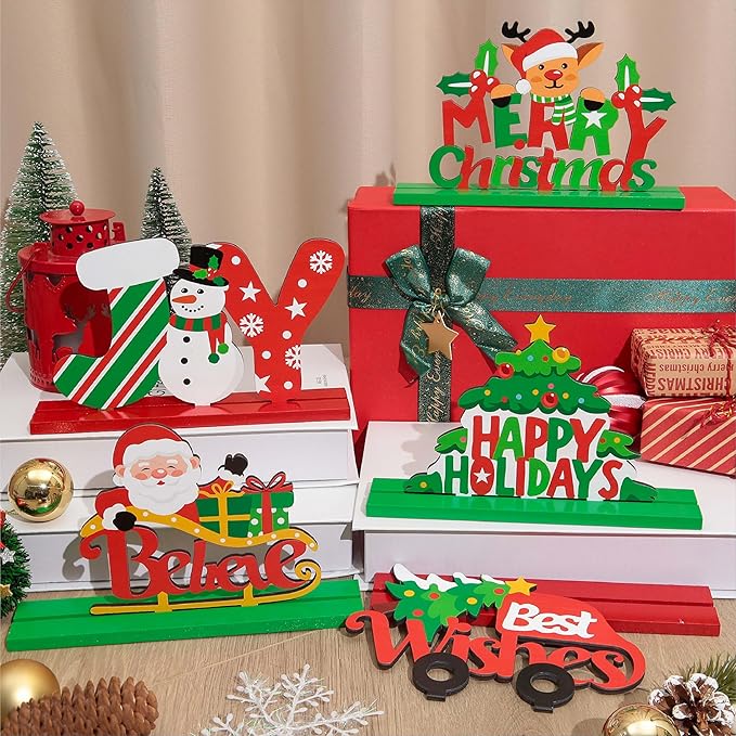 5PCS Christmas Table Decorations, Wooden Christmas Decorations, Seasonal Holiday Centerpieces, Winter Tabletop Display for Holiday Celebration, Xmas Home Decor