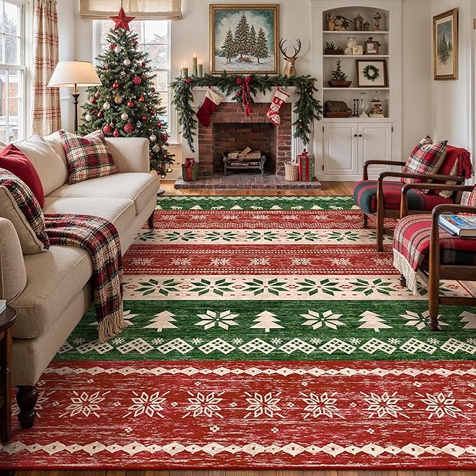 Christmas Red 8x10 Area Rug Washable Living Room Carpet Snowflake Holiday Decor Bedroom Rug Decorative Xmas Non Slip Soft Low Pile Boho Carpet Dining Room Office Playroom