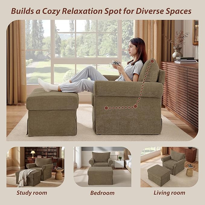 Modern Living Room Chairs with Ottoman, Comfy Chenille Reading Armchair with Rolled Arms and Cushion Backrest, 35.8"W Oversized Chaise Lounge Chair for Bedroom, Study, Apartment, Coffee Brown