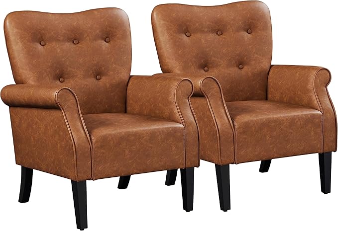 Yaheetech Modern Armchair, Mid Century PU Leather Accent Chair with Sturdy Wood Legs and High Back for Small Space, Upholstered Sofa Club Chair for Living Room/Bedroom, Set of 2, Retro Brown