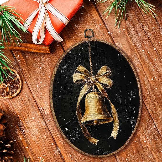 Hxlac Vintage Dark Christmas Gold Bell Oval Wall Art Framed, Moody Christmas Bell Oval Wall Decor, Cottagecore Xmas Hanging Canvas Prints Wall Sculptures for Home Living Room Decor, 8.5x11.5 Inch