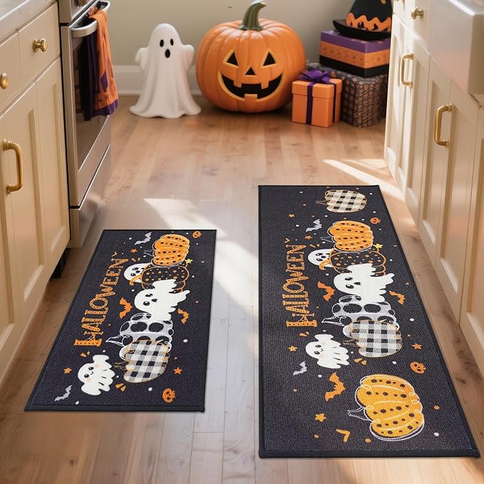 JSEI Halloween Holiday Kitchen Mats for Floor, Non-Slip Ghost and Pumpkins Decorative Kitchen Rugs Set of 2, Home Decor Low-Profile Kitchen Runner Rug Washable, 17"x30"+17"x48", Pumpkins Party Pattern