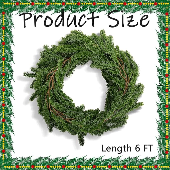 6 Ft Dense Christmas Norfolk Pine Garland, Single Fork Norfolk Pine Realistic Touch Garland Ornament, Artificial Pines Greenery Garlands for Christmas Holiday Mantle Fireplace Table Home Decor