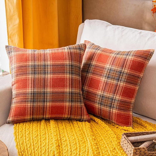 AQOTHES Fall Plaid Orange Throw Pillow Covers 18x18 Inch, Set of 2 Autumn Decorative Throw Pillows for Couch Sofa Bed Living Room Home Decor, Accent Pillow Cases for Farmhouse Couch Cushion Covers