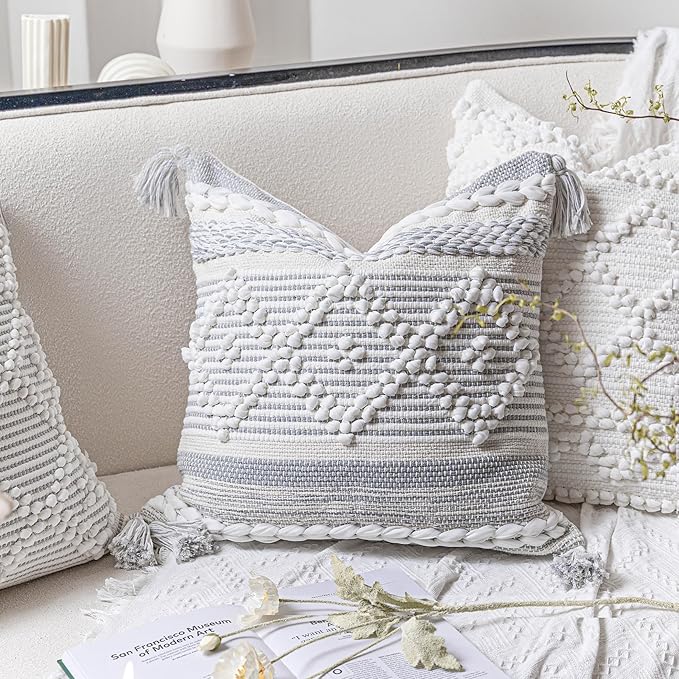 BlissBlush Gray Cream White Boho Throw Pillow Cover 20X20, Boho Woven Textured Pillow Cover, Neutral Pillow Cover, Sofa Couch Bed Farmhouse Lumbar Pillow (Cover ONLY)