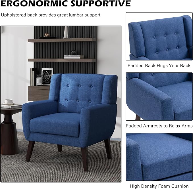 UIXE Accent Chair Modern Upholstered Armchair, Mid Century Club Arm Chairs, Comfy Single Lounge Sofa Living Room Button Tufted Armrest Side Reading Seat for Dorm Bedroom Home Office, Blue