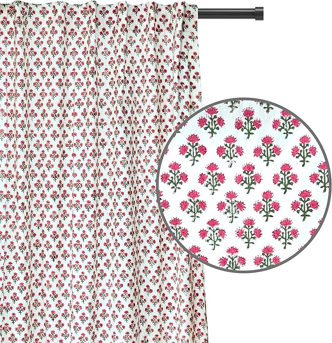 ATOSII 100% Cotton Single Panel Floral Block Print Curtain, Easy Hanging with Rod Pocket & Loop, Living Room, Dining Room, Bedroom Light Filtering Boho Curtains, Set of 1, 60"W X 84"L, Gulbahar Pink