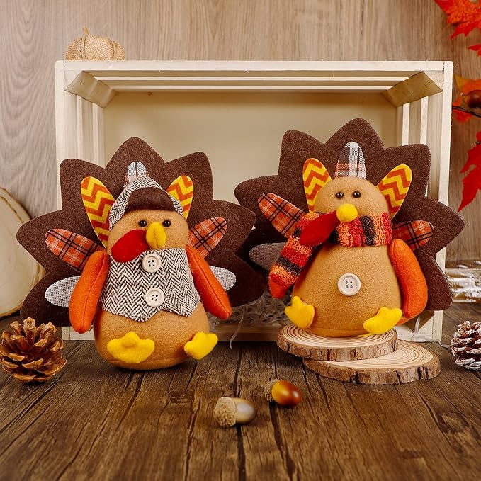 Lulu Home Thanksgiving Tabletop Decoration - Set of 2 Plush Standing Turkey Couple & Shelf Sitters Centerpiece - Fall Home Decor