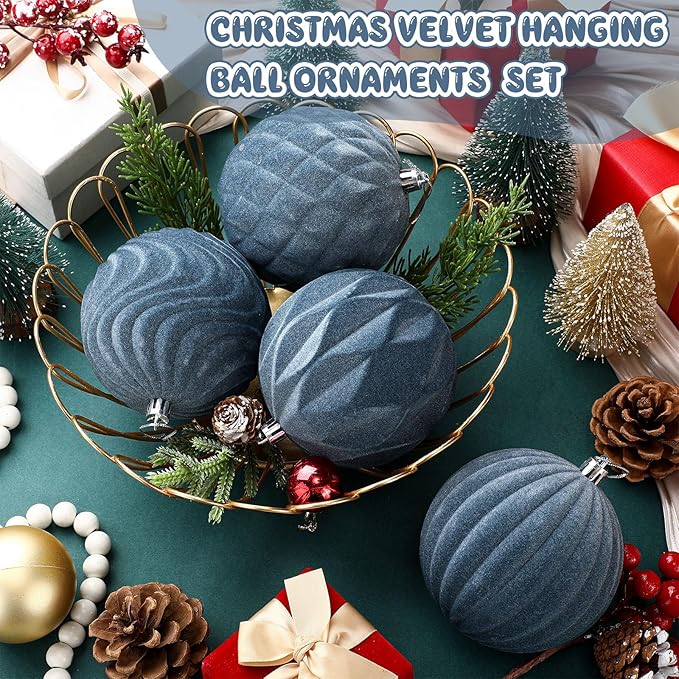 4 Pcs 4 Inch Large Velvet Christmas Ball Ornaments Vintage Christmas Plastic Ball Ornaments Flocked Tree Hanging Decoration for Xmas Party Wedding Home Decor(Grey Blue)