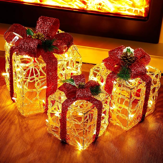 ATDAWN Set of 3 Lighted Gift Boxes Christmas Decorations, Clear Acrylic Present Boxes, Christmas Home Gift Box Decorations